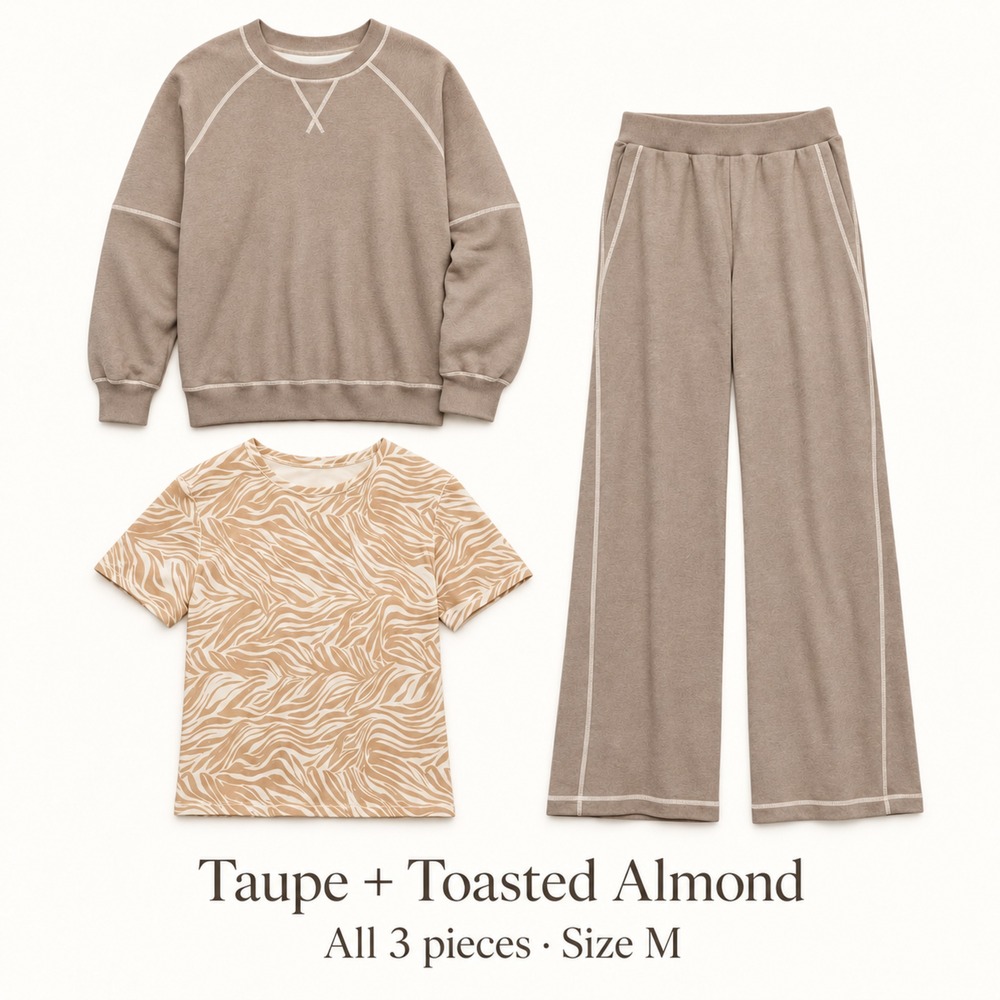 Aerie 3 Piece Taupe Lounge Bundle Sweatshirt Pants Tee M